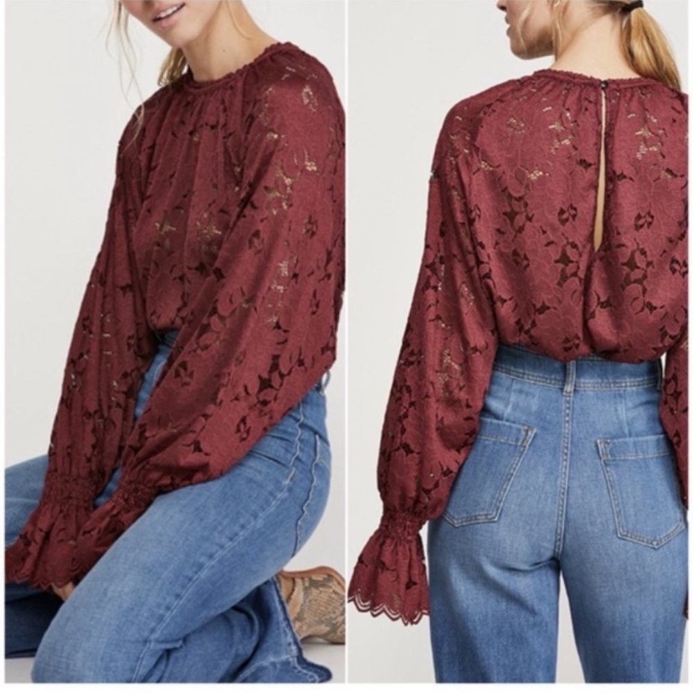Free People Olivia Lace Top Blouse Wine Burgundy Large
